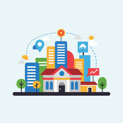 Fototapeta premium Colorful Cityscape with Buildings Icons.