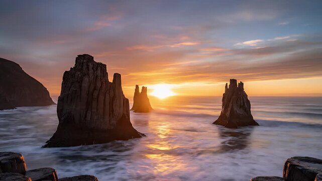 Majestic basalt columns rise from ocean as sunrise paints the sky