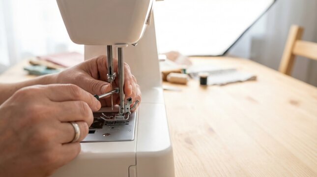 Close-up of a person's hands using a small screwdriver to perform maintenance or repair on a sewing machine's needle plate.