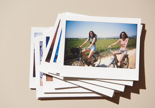 Real photo of Stack of Polaroids on a Table. PSD mockup.