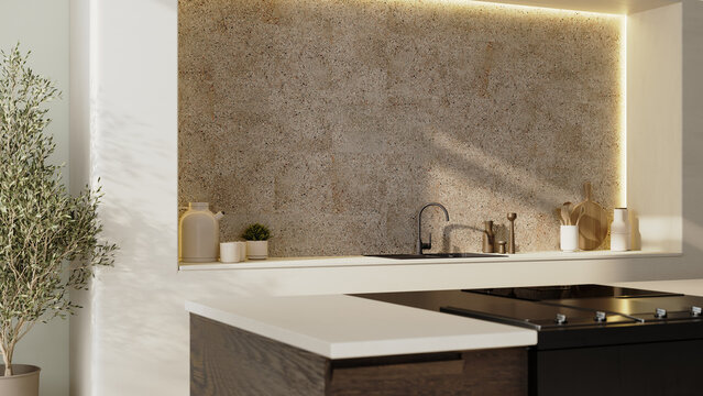 Modern kitchen nook with stone backsplash and warm accent lighting