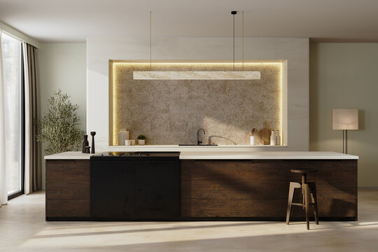 Modern kitchen interior design, 3d render