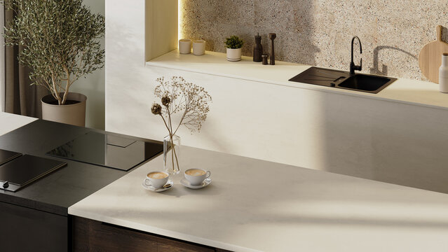 Close-up of kitchen surfaces in modern kitchen interior, 3d