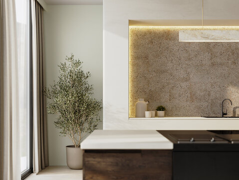 Minimal kitchen corner with soft lighting and potted olive tree