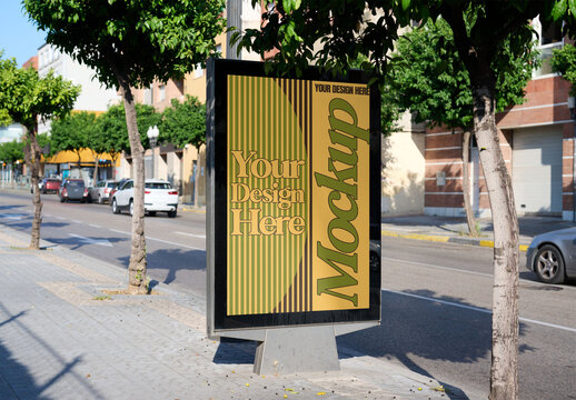 Real photo of Urban Panel on Barcelona Busy Street. PSD mockup.