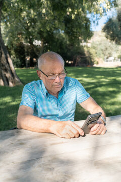Senior Man Using Smartphone in a Sunny Park