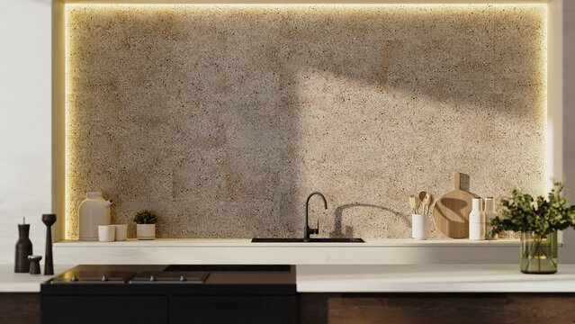 Close-up of kitchen surfaces in modern kitchen interior, 3d
