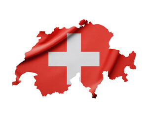 Swiss flag draped over Switzerland's map symbolizing national pride, travel, and cultural identity for business and tourism