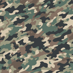 Fototapeta premium Seamless Classic Camouflage Pattern with Army Green and Khaki Shapes, Traditional Military Woodland Vector Illustration for Tactical Gear, Textile Design, Outdoor Apparel and Hunting Surface Texture