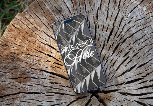 Real photo of Smartphone on Wooden Surface. PSD mockup