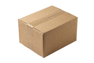 Brown cardboard moving box sealed with tape 3/4 view isolated. Shipping and delivery packaging mockup.