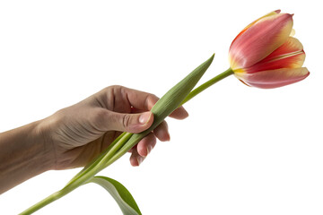 Hand holding a beautiful red and yellow tulip