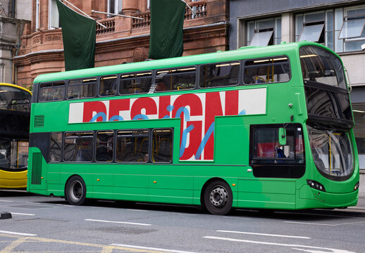 real photo of Green Double-Decker Bus Parked in Dublin City Center. PSD mockup.