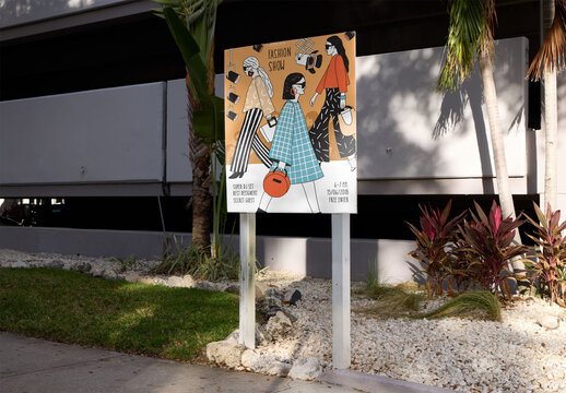 Real photo of Blank Post-and-Panel Signs in Florida parking outdoor area. PSD mockup.
