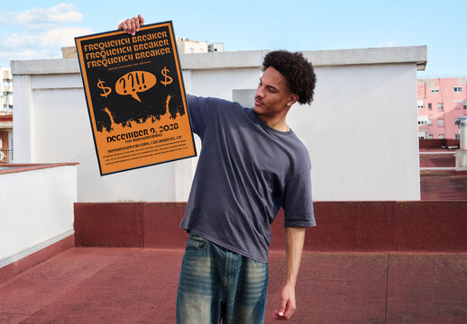 Real photo of Man Holding Blank frame Poster on Rooftop. PSD mockup.