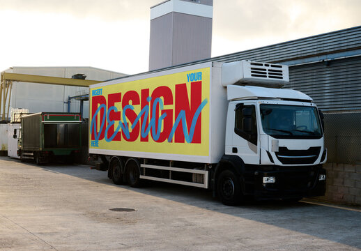 Real photo of White Truck Parked in a Loading Area. PSD mockup