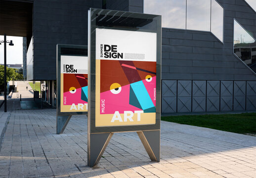 Real photo of Two urban Panels in a row Outside a Modern Building in Barcelona. PSD mockup.