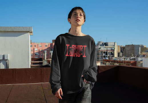 Real photo of woman wearing Long-sleeved T-shirt. PSD mockup.