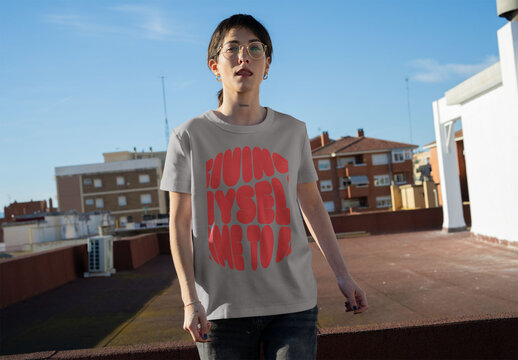 Real photo of Women's short-sleeved t-shirt. PSD mockup.