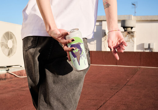Real photo of  Can Held by anonymous woman. PSD mockup