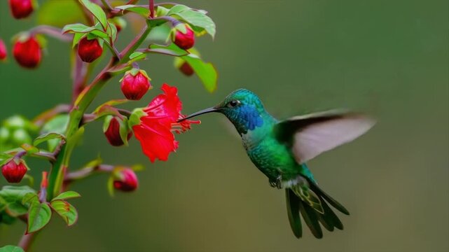 A vibrant green and blue hummingbird in flight, drinking from a red flower