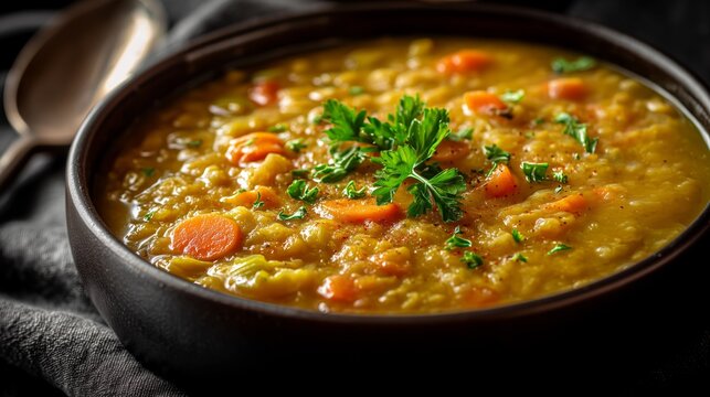 smoky split pea soup close up cozy gourmet bowl