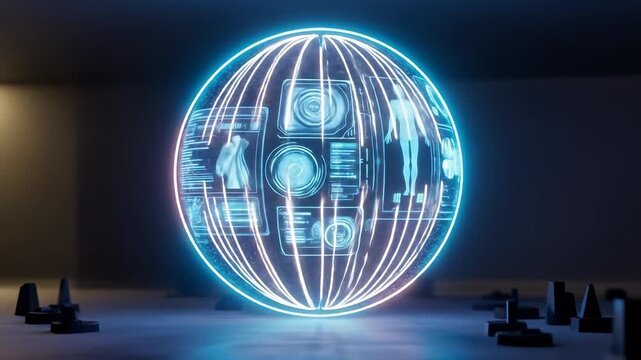 Neon blue globe with screens in a dark room, small objects scattered on the floor