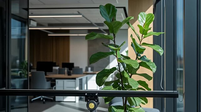 Lush fig plant by a glass wall overlooks an open modern office with empty desks