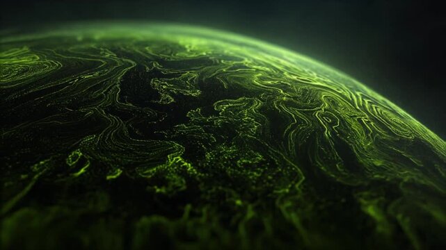 A neon-green planet with swirling patterns across its surface set against a dark, cosmic background
