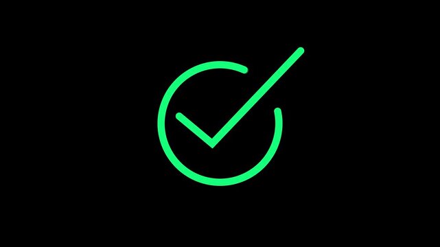 Glowing green check mark animation in circle on black background, success sign