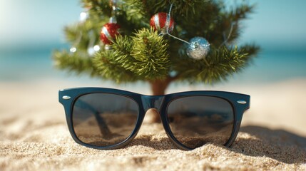 Fototapeta premium Sunglasses on tropical beach sand with a small Christmas tree and festive ornaments