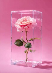 Pink rose encased in clear acrylic display box on pink background for preserved beauty