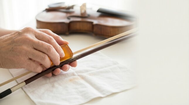 A musician's hands are seen applying rosin to a violin bow, with the violin resting in the background.