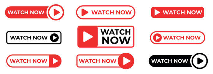 Watch now buttons on tansparent background. play video icons or button. flat style.