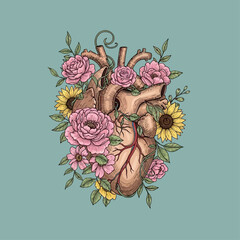 Vintage Anatomical Heart with Flowers Illustration &ndash; Botanical Surreal Art Design