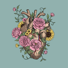 Vintage Anatomical Heart with Flowers Illustration &ndash; Botanical Surreal Art Design
