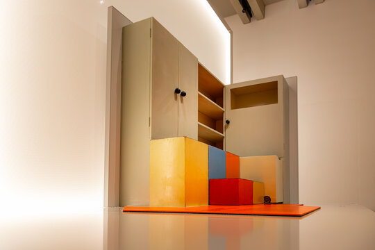 Bauhaus furniture original display from Haus am Horn, Weimar, Germany - geometric colored storage design in a UNESCO World Heritage Bauhaus interior.