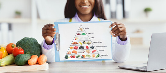 A person holds a clipboard showing a food pyramid during a workshop on nutrition. Fresh vegetables...