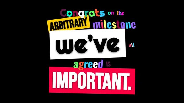 Dynamic text animation on a black background reveals Congrats on the ARBITRARY miles in playful colorful letters This Happy Birthday greeting card text animation expresses celebration and achievement