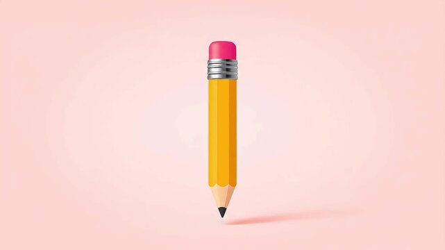 A bright yellow graphite pencil with a pink eraser, casting a shadow on a soft pink background, representing classroom tools, education and creativity