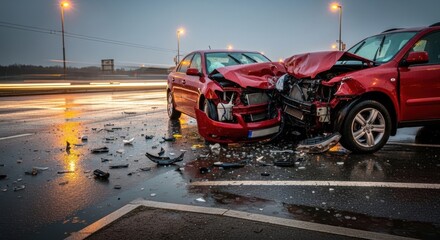 Naklejka premium Two Red Cars Severely Damaged in Head on Collision on Wet Road at Dusk