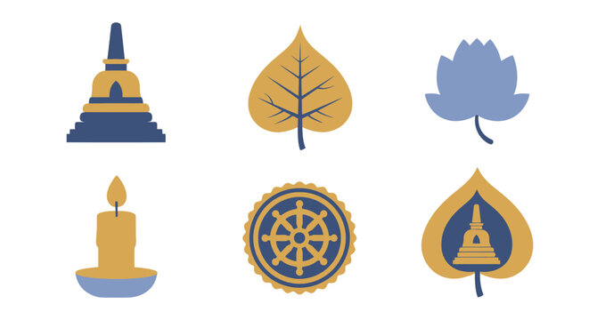 Collection of six Buddhist symbols including a stupa, Bodhi leaf, lotus flower, candle, Dharma wheel, and a stupa within a leaf.
