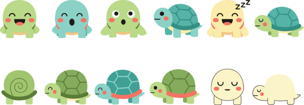 Cute Cartoon Turtle Character Set with Different Emotions Sleeping Walking and Shell Variations for Kids Education, Mascot, and Animal Vector Design.