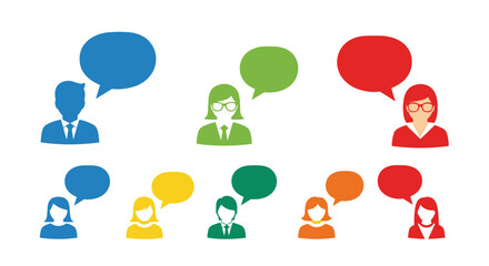 Nine stylized human silhouettes, five women and four men in vibrant colors, each paired with a matching colored speech bubble, are arranged in two rows on a clean white background.