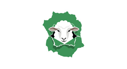 A white sheep's head with grey features is prominently breaking through a ripped, dark green paper-like background.