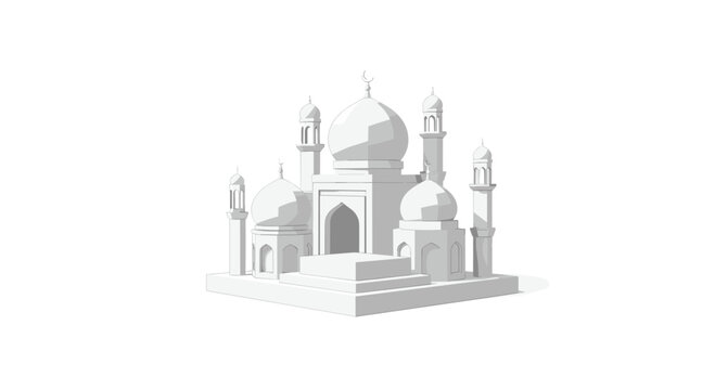 A minimalist low-polygon 3D rendering depicts a mosque structure featuring a prominent central dome and several surrounding minarets.
