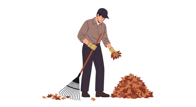 A man wearing a brown shirt, dark cap, and yellow gloves is actively raking and collecting a compact pile of brown autumn leaves by hand.