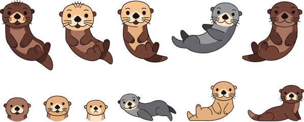 Fototapeta premium Cute Sea Otter Cartoon Character Set with Floating Swimming Sitting and Face Expressions for Wildlife Education, Kids, and Mascot Vector Design.