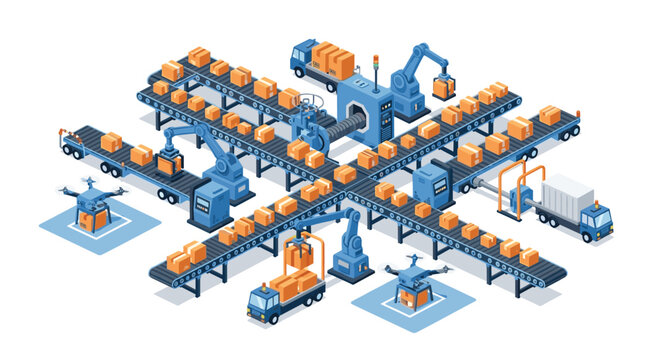 An isometric automated factory features blue conveyor belts moving brown boxes, with robotic arms, two trucks, and two drones efficiently managing logistics on a white background.