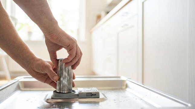 A person's hands are removing a cylindrical metal filter from the bottom of a dishwasher for cleaning and maintenance.